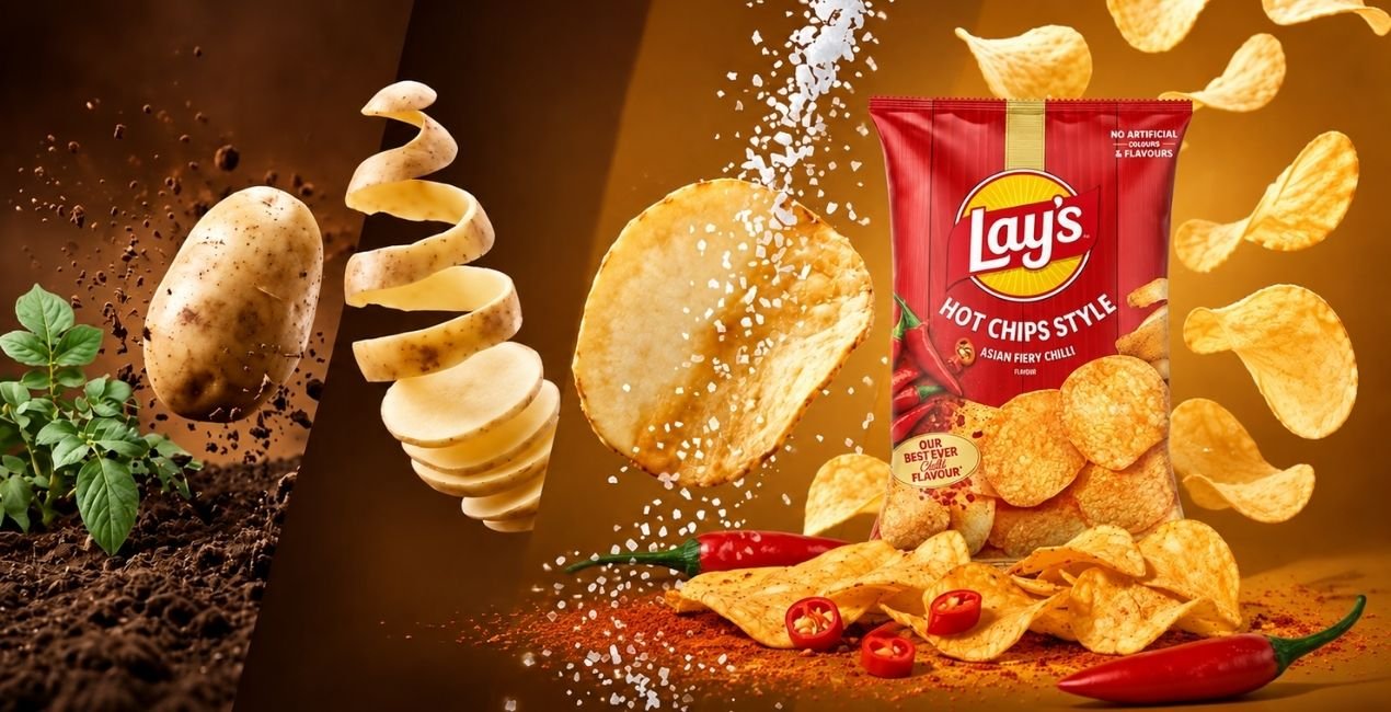 From Potato to Fiery Crunch : The Making of a Cinematic Chips Advertisement ।। Video Prompt